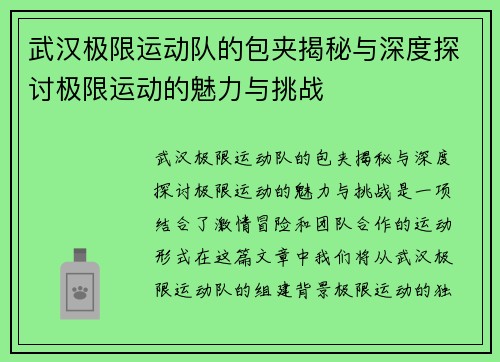 武汉极限运动队的包夹揭秘与深度探讨极限运动的魅力与挑战