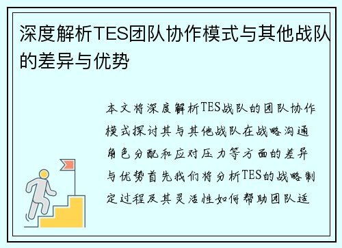 深度解析TES团队协作模式与其他战队的差异与优势